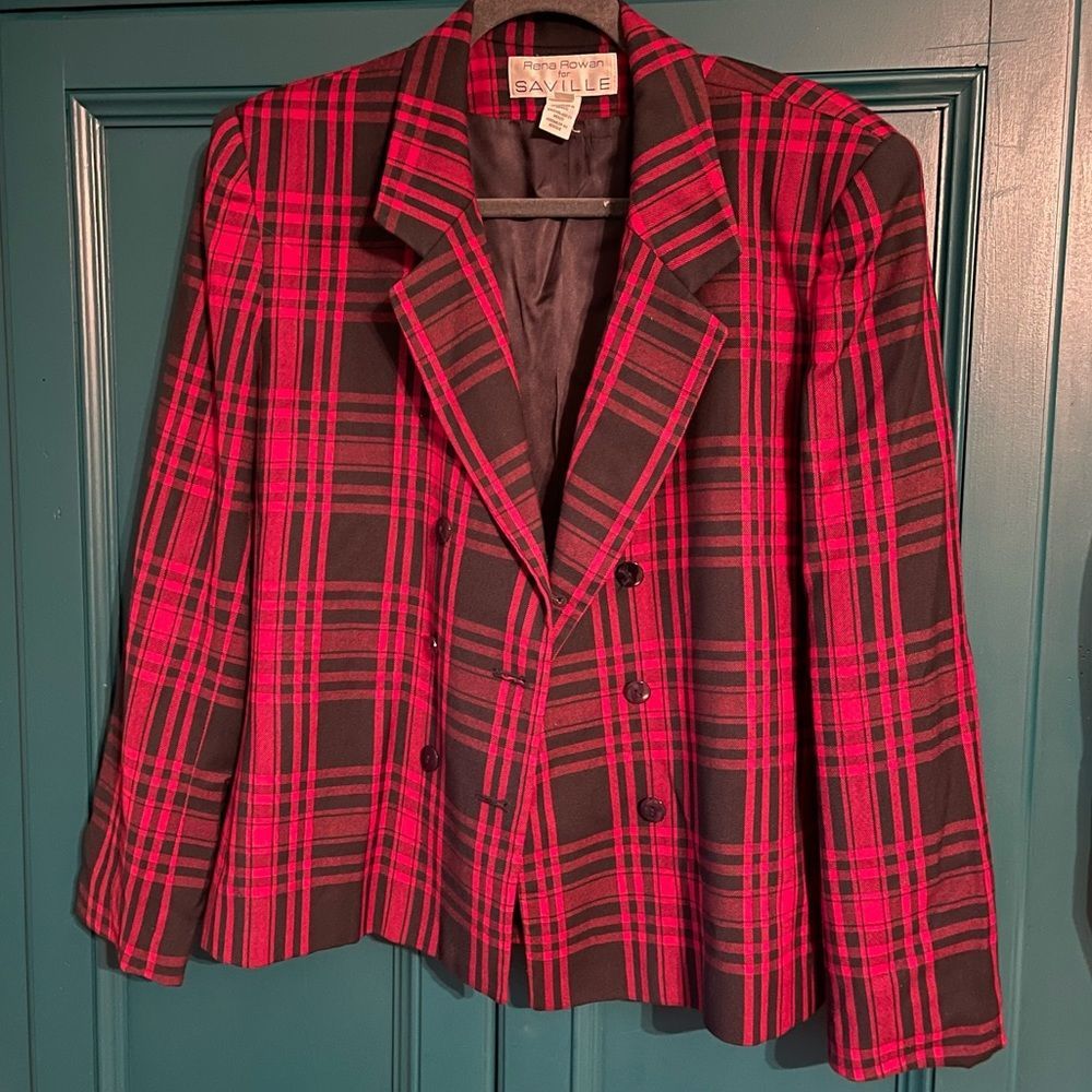 Vintage plaid oversized blazer wool blend red black tweed sz Medium